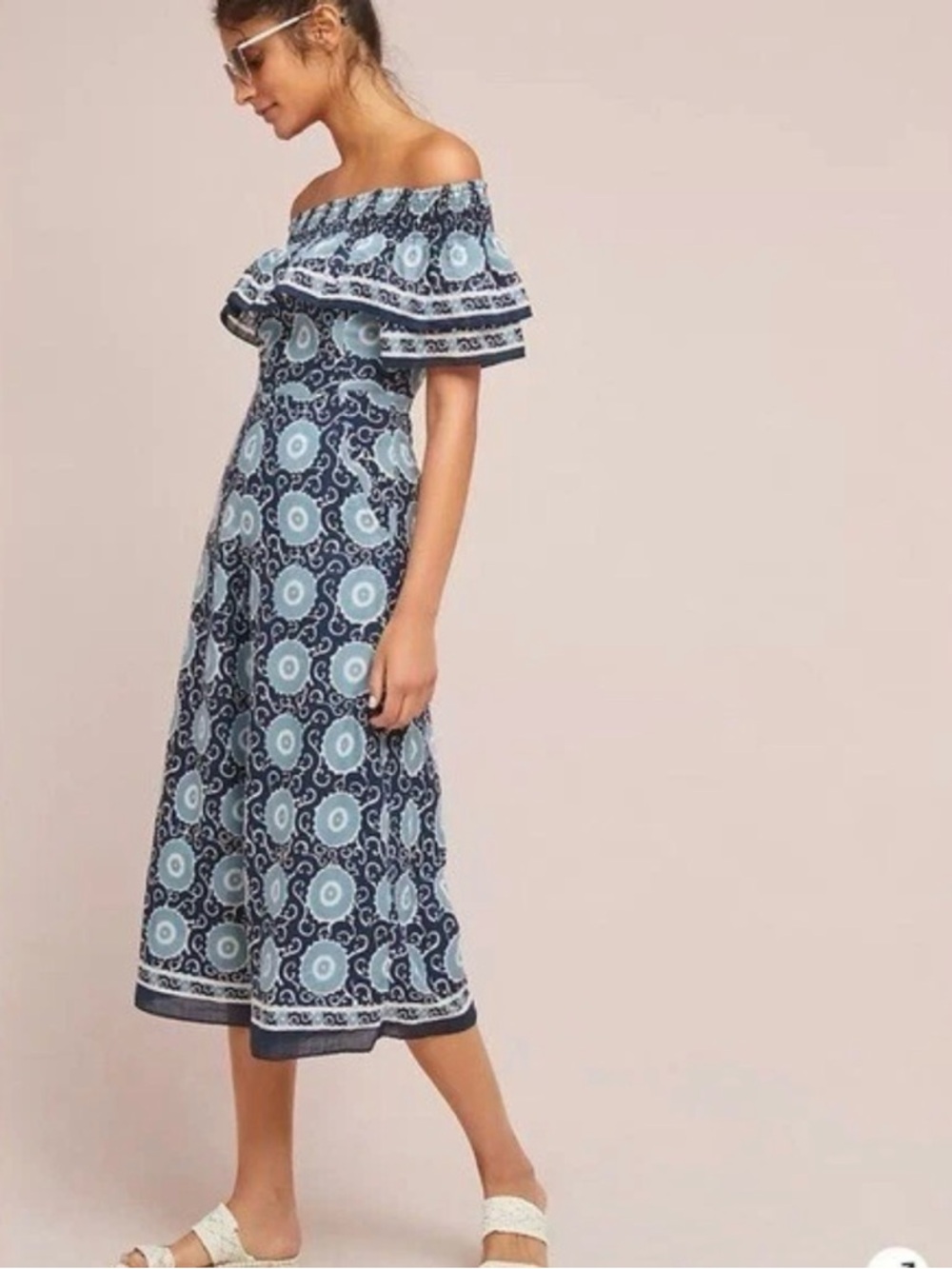 Anthropologie Off-Shoulder Blue Patterned Boho Summer Jumpsuit by Kopal size Med